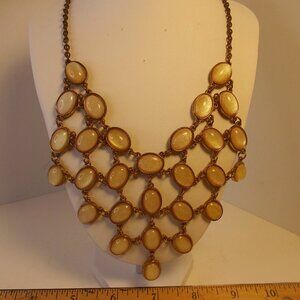 Bib Necklace - Brass Tone Metal With Cream Colored Glass Cabochons